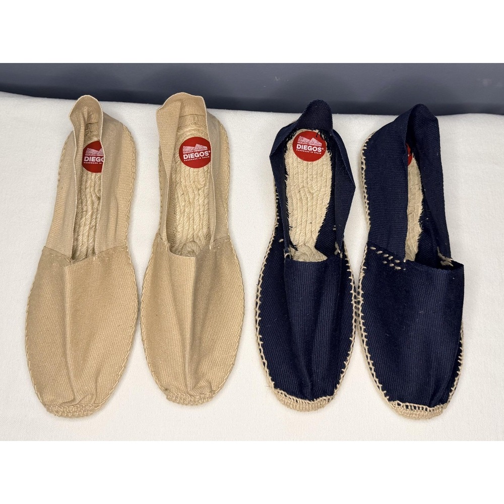 DIEGOS Espadrille Shoes Womens 12 Mens 10.5 Tan Navy Canvas Lot 2 Handmade Spain